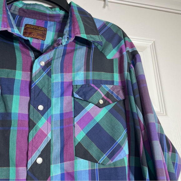 Vintage 90s Rustler Plaid Pearl Snap Shirt XL - Picture 2 of 5